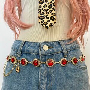 Gold Y2K Whimsygoth Ruby Red Jewel Waist Chain Belt, Fits 24-40 Inches, X7GA1561